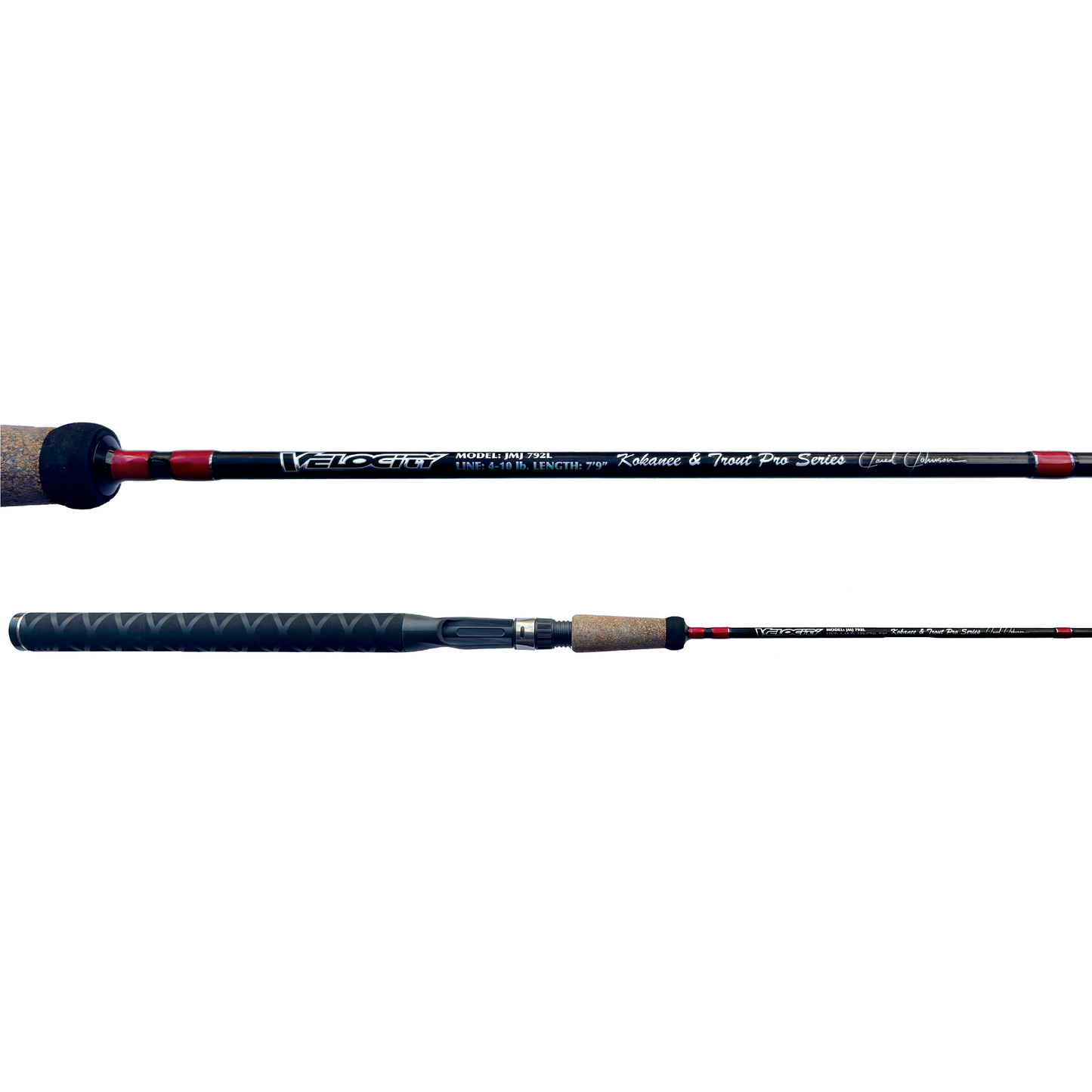 Velocity Rod, 7'9" long, 6-14 lb test line, cork handle, designed for bass fishing.