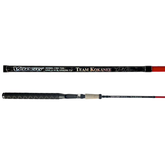 Kokanee fishing rod by Velocity Fishing, 7'3", 4-10 lb line, red rod with black accents, ideal for kokanee salmon fishing.