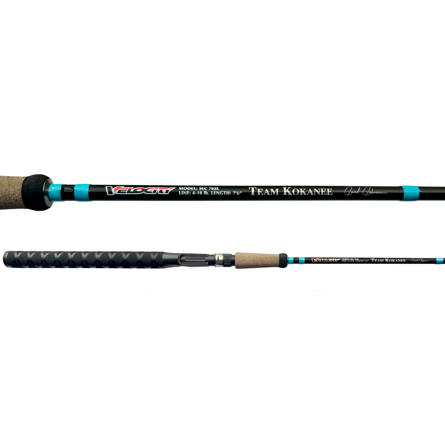 Kokanee fishing rod, Team Kokanee series by Velocity Fishing, 7'6", 4-10 lb line, black with teal accents and cork grip.