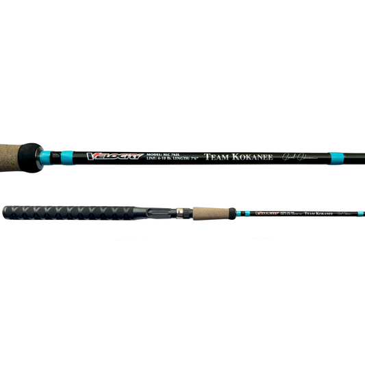 Kokanee fishing rod, Team Kokanee series by Velocity Fishing, 7'6", 4-10 lb line, black with teal accents and cork grip.